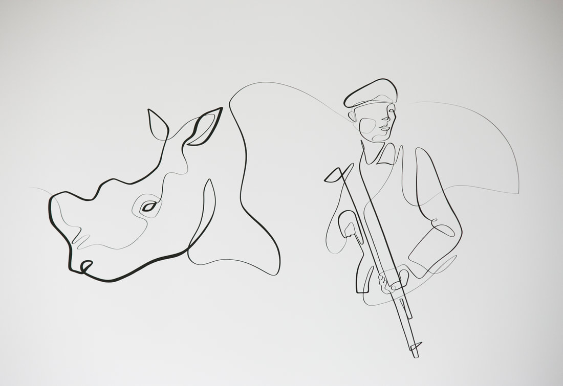 One line drawing of Sudan rhino and Kenyan soldier